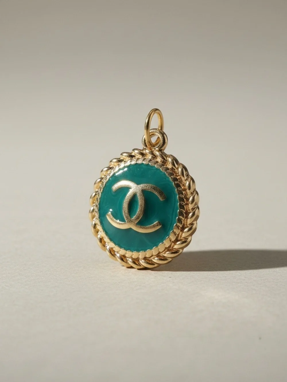 Authentic CHANEL Gold Turquoise Enamel Logo Necklace Pendant - Picture 8 of 11